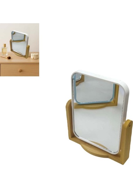 Bambu Ahşap Standlı Çift Yönlü 360° Dönen Plastik Çerçeveli Ayna El Tıraş Makyaj Vb. Aynası Büyük Boy Dikdörtgen Ayna (1 Adet)