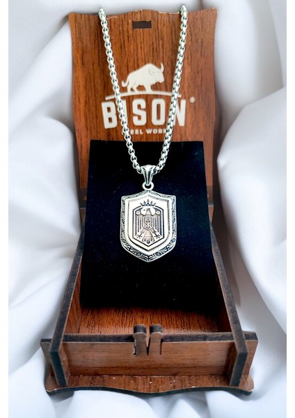 Gümüş Kaplama Krom-Çelik Erkek Kolyesi Kafkas Kartalı Adige Çerkes Kolyesi