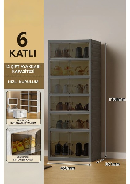 6 Katlı Katlanabilir Ayakkabılık, Modüler ve Portatif Düzenleyici, Antrasit Renk