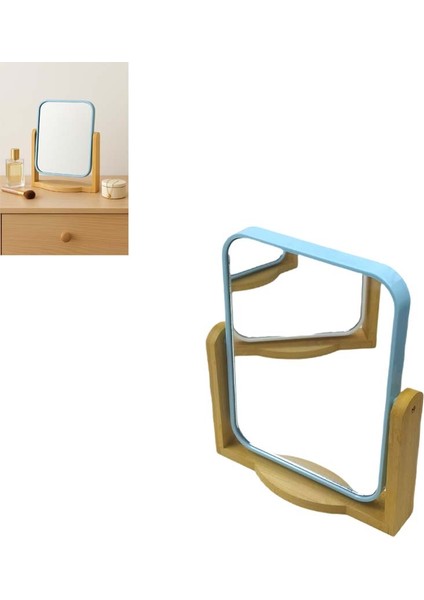 Bambu Ahşap Standlı Çift Yönlü 360° Dönen Plastik Çerçeveli Ayna El Tıraş Makyaj Vb. Aynası Büyük Boy Dikdörtgen Ayna (1 Adet)