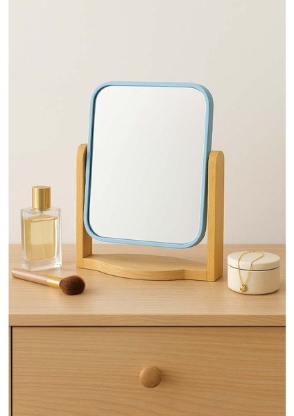 Bambu Ahşap Standlı Çift Yönlü 360° Dönen Plastik Çerçeveli Ayna El Tıraş Makyaj Vb. Aynası Büyük Boy Dikdörtgen Ayna (1 Adet) modelleri