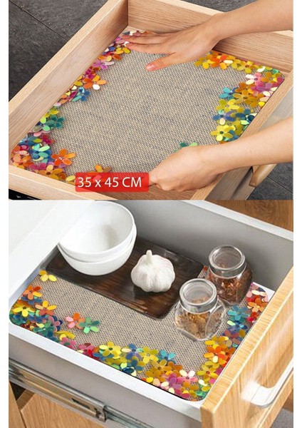 Mavi Pembe Kelebek Desenli Kaydırmaz Raf ve Çekmeceli Dolap Içi Matı modelleri