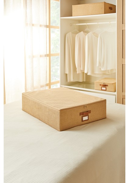 Büyük Boy Jüt Valiz Altı Düzenleyici Kutu Hurç 55X70X18 Bej