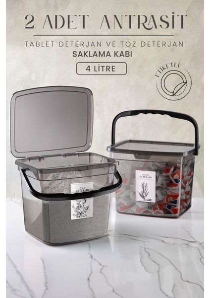 Geniş 2'li Kare Toz Tablet Kutusu, Kulplu Saklama Kabı, 4 Litre, Gri