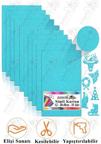 Açık Mavi Simli Karton A3 30X40 cm 10 Lu 1 Paket Simli Fon Kartonu Parıltılı Kağıt Anasınıfı Kreş Etkinlik Proje