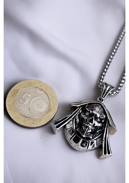 Gümüş Kaplama Krom-Çelik Erkek Kolye Ölüm Meleği Azrail Death Angel Madalyon indirimleri