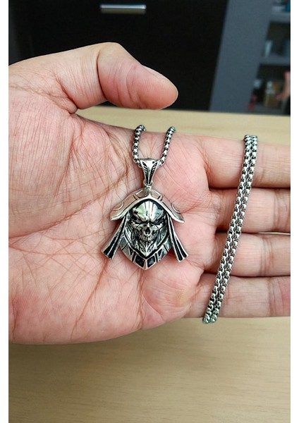 Gümüş Kaplama Krom-Çelik Erkek Kolye Ölüm Meleği Azrail Death Angel Madalyon