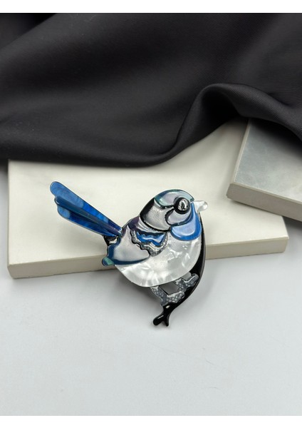 Mavi Mineli Kuş Figürlü Broş Yaka Iğnesi