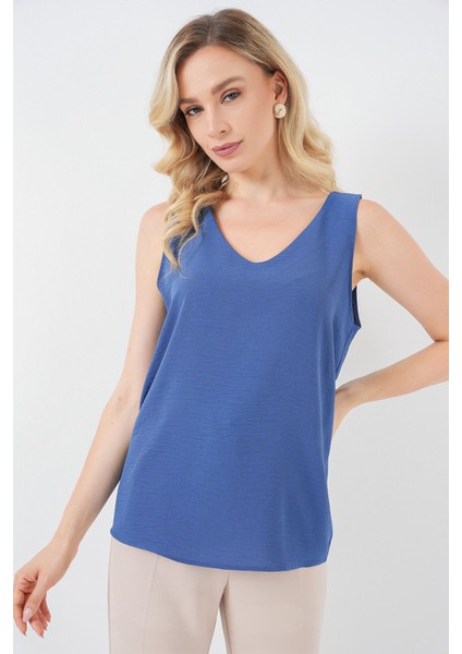 Kadın BDART Dokulu V Yaka Kolsuz Bluz Gök Mavisi modelleri