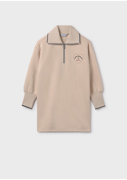 Bej Kız Çocuk Yaka Fermuarlı Spor Elbise 7912