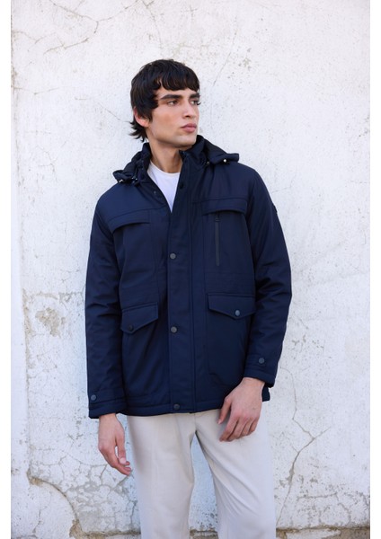 Erkek Lacivert Pamuk Polyester Karışımlı Kürklü Çıkartılabilir Kapüşonlu Mont&kaban