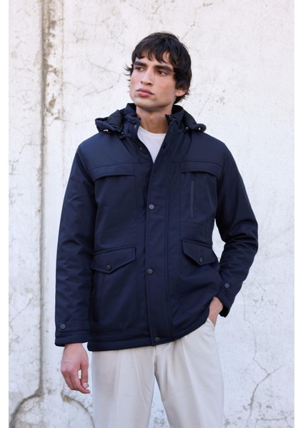 Erkek Lacivert Pamuk Polyester Karışımlı Kürklü Çıkartılabilir Kapüşonlu Mont&kaban fiyatları