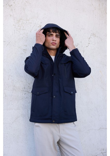 Erkek Lacivert Pamuk Polyester Karışımlı Kürklü Çıkartılabilir Kapüşonlu Mont&kaban modelleri