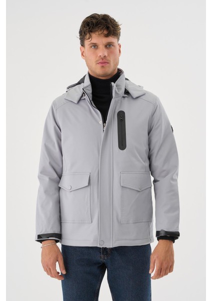 Erkek Gri Su ve Rüzgar Geçirmez Çıkartılabilir Kapüşonlu Mont&kaban