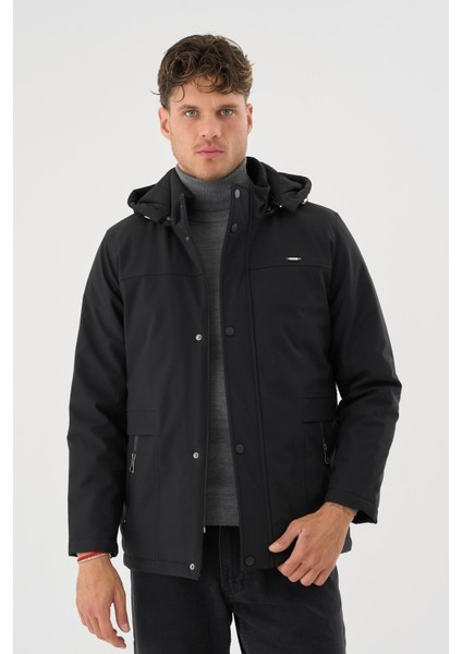 Erkek Siyah %100 Su ve Rüzgar Geçirmez Kürklü Çıkartılabilir Kapüşonlu Mont&kaban