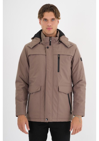 Erkek Krem %100 Su ve Rüzgar Geçirmez Kürklü Çıkartılabilir Kapüşonlu Mont&kaban