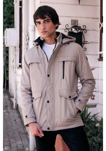 Erkek Krem Pamuk Polyester Karışımlı Kürklü Çıkartılabilir Kapüşonlu Mont&kaban