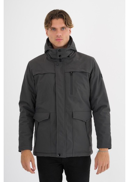 Erkek Gri %100 Su ve Rüzgar Geçirmez Kürklü Çıkartılabilir Kapüşonlu Mont&kaban