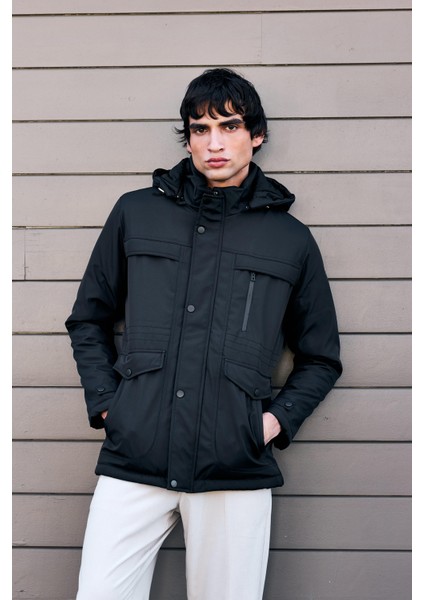 Erkek Siyah Pamuk Polyester Karışımlı Kürklü Çıkartılabilir Kapüşonlu Mont&kaban