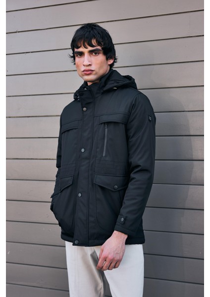 Erkek Siyah Pamuk Polyester Karışımlı Kürklü Çıkartılabilir Kapüşonlu Mont&kaban fiyatları