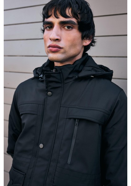 Erkek Siyah Pamuk Polyester Karışımlı Kürklü Çıkartılabilir Kapüşonlu Mont&kaban modelleri