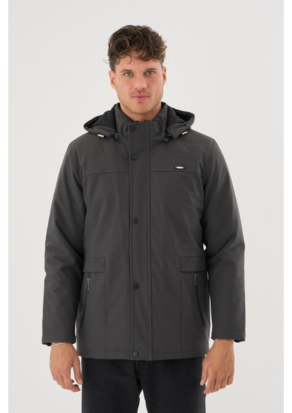 Erkek Gri %100 Su ve Rüzgar Geçirmez Kürklü Çıkartılabilir Kapüşonlu Mont&kaban