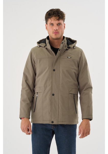 Erkek Krem %100 Su ve Rüzgar Geçirmez Kürklü Çıkartılabilir Kapüşonlu Mont&kaban