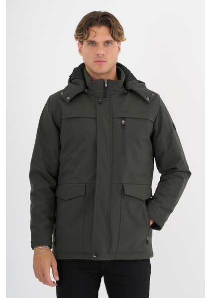 Erkek Yeşil %100 Su ve Rüzgar Geçirmez Kürklü Çıkartılabilir Kapüşonlu Mont&kaban