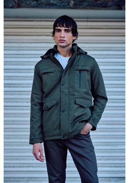 Erkek Yeşil Pamuk Polyester Karışımlı Kürklü Çıkartılabilir Kapüşonlu Mont&kaban