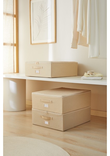 Bej Balıksırtı Baza Altı Valiz Düzenleyici 45X55X18, 3'lü Set