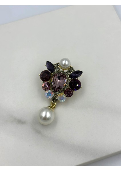 Mor Renkli Taşlı Inci Sallantılı Tasarım Broş Yaka Iğnesi