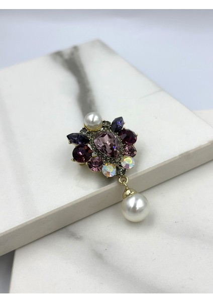 Mor Renkli Taşlı Inci Sallantılı Tasarım Broş Yaka Iğnesi fiyatları