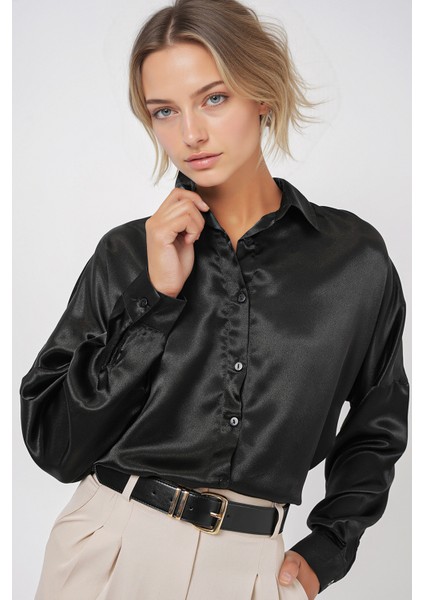 Kadın BDART Düğmeli Oversize Saten Gömlek Black fiyatları