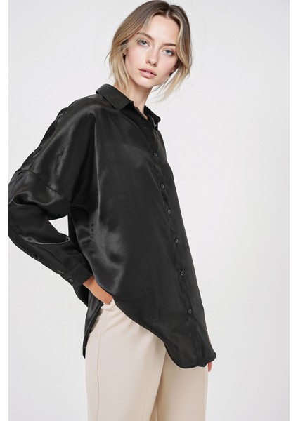 Kadın BDART Düğmeli Oversize Saten Gömlek Black modelleri