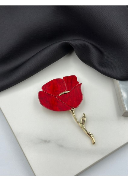 Kırmızı Mineli Gelincik Çiçeği Figürlü Broş Yaka Iğnesi