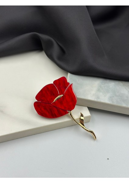 Kırmızı Mineli Gelincik Çiçeği Figürlü Broş Yaka Iğnesi fiyatları