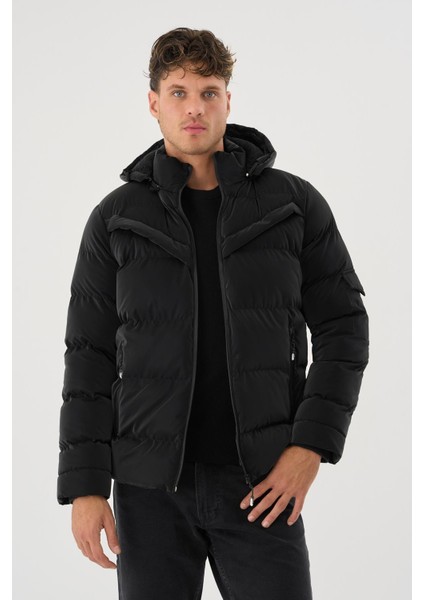 Erkek Siyah Su ve Rüzgar Geçirmez Kürklü Çıkartılabilir Kapüşonlu Mont&kaban