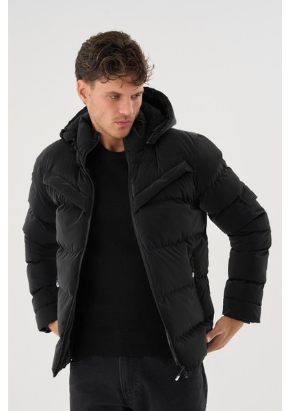 Erkek Siyah Su ve Rüzgar Geçirmez Kürklü Çıkartılabilir Kapüşonlu Mont&kaban fiyatları
