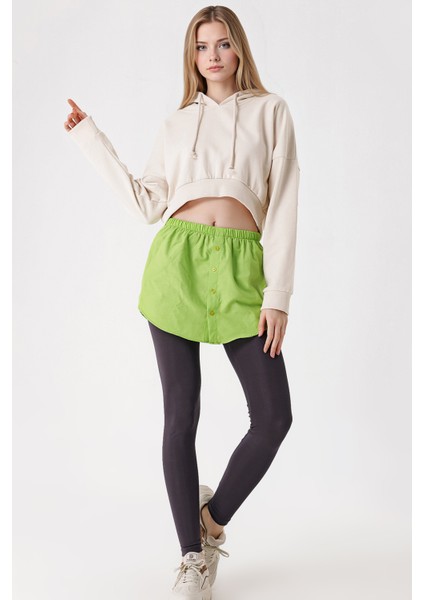 Kadın BDART Butonlu Kapüşonlu Rahat Kesim Crop Hoodie Orman Yeşili fiyatları