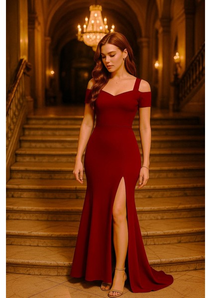 Kadın Omuzlardan Açık Askılı Yırtmaç Detaylı Uzun Krep Abiye Elbise fiyatları