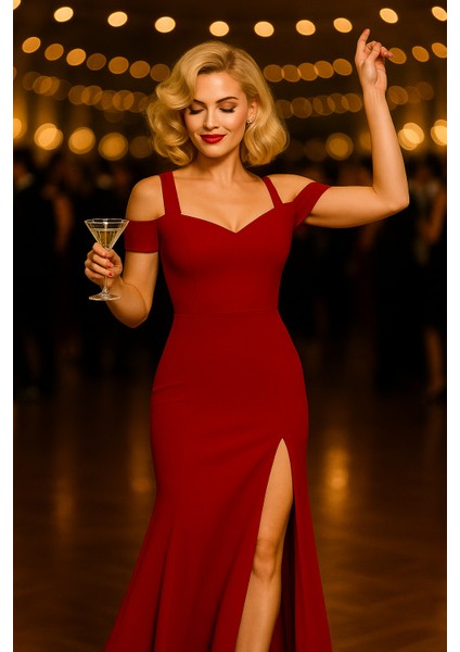 Kadın Omuzlardan Açık Askılı Yırtmaç Detaylı Uzun Krep Abiye Elbise modelleri