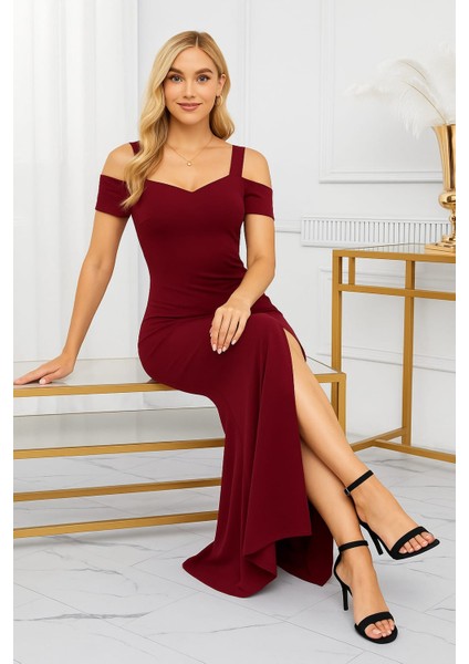 Kadın Omuzlardan Açık Askılı Yırtmaç Detaylı Uzun Krep Abiye Elbise fırsatları