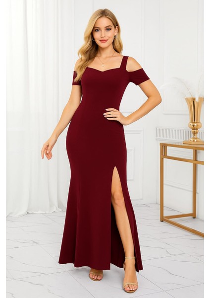 Kadın Omuzlardan Açık Askılı Yırtmaç Detaylı Uzun Krep Abiye Elbise indirimleri