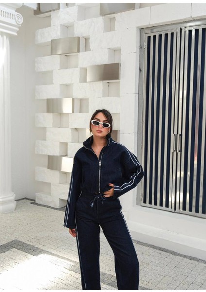 Kadın Denim Raşelli Ceket-Palazzo Pantolon Kot Takım modelleri