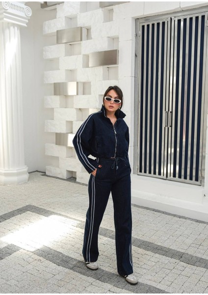 Kadın Denim Raşelli Ceket-Palazzo Pantolon Kot Takım indirimleri