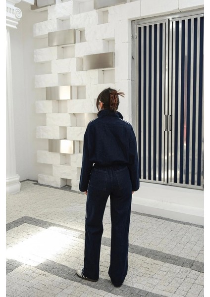 Kadın Denim Raşelli Ceket-Palazzo Pantolon Kot Takım