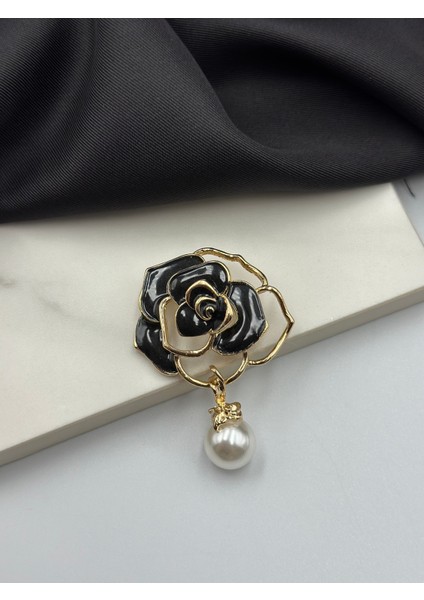 Siyah Mineli Gül Sallantılı Inci Detaylı Broş Yaka Iğnesi