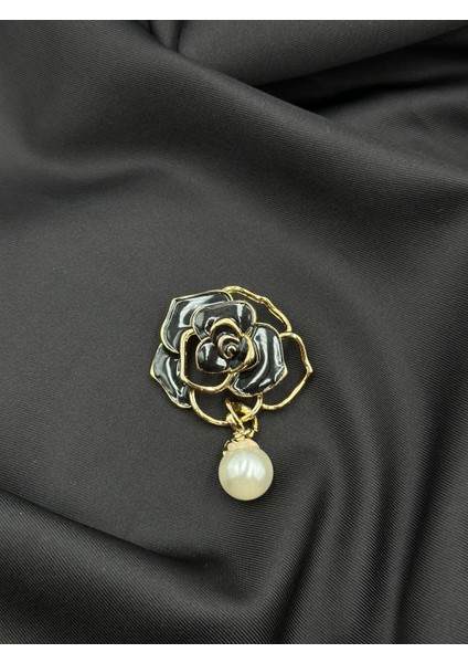 Siyah Mineli Gül Sallantılı Inci Detaylı Broş Yaka Iğnesi fiyatları
