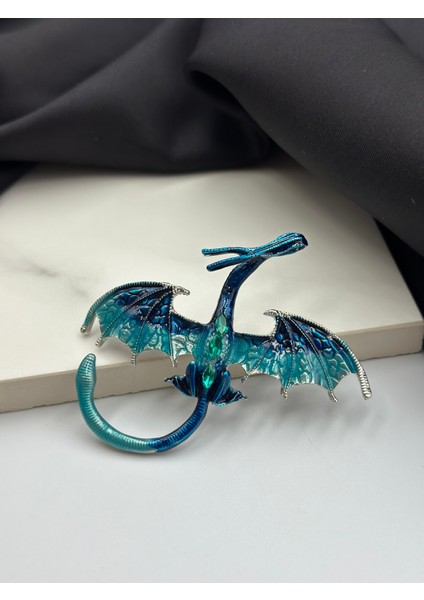 Mavi Ejderha Figürlü Tasarım Broş Yaka Iğnesi