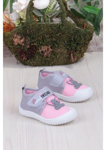 3448 Gz Fil Figürlü Anaokulu Kreş Ev Kız Çocuk Keten Panduf Ayakkabı
